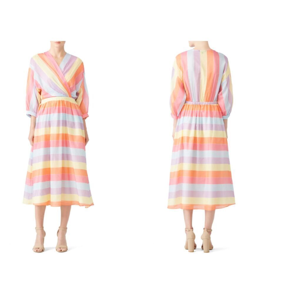 Tara Jarmon Stripey Midi‎ Dress Cotton 3/4 Sleeve V-Neck Pastel Stripes Size 6